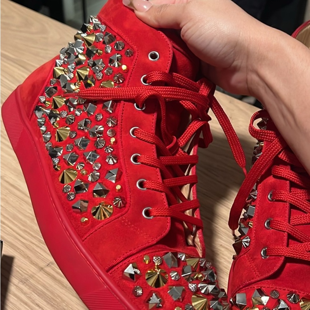 Christian Louboutin Red Studded High-Top Sneakers
